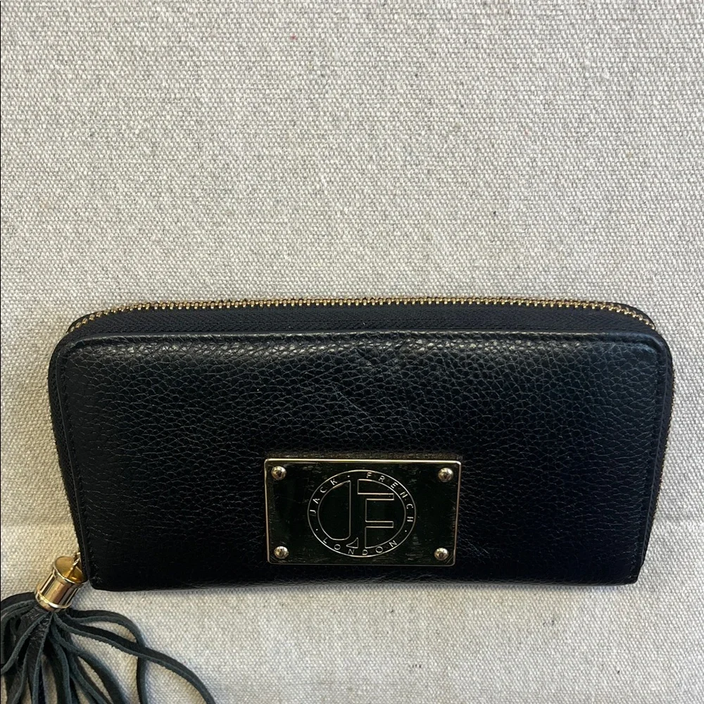 Jack French London Black Leather Zip Around Wallet Gold Plate Tassel - Picture 6 of 12